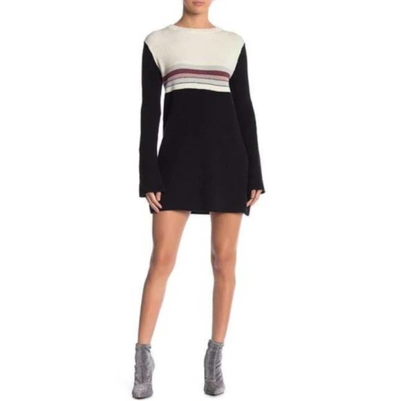 Free People Dresses & Skirts - Free People Ribbed Sweater Dress Size L Colorblock Striped Retro O-Ring Zip Back